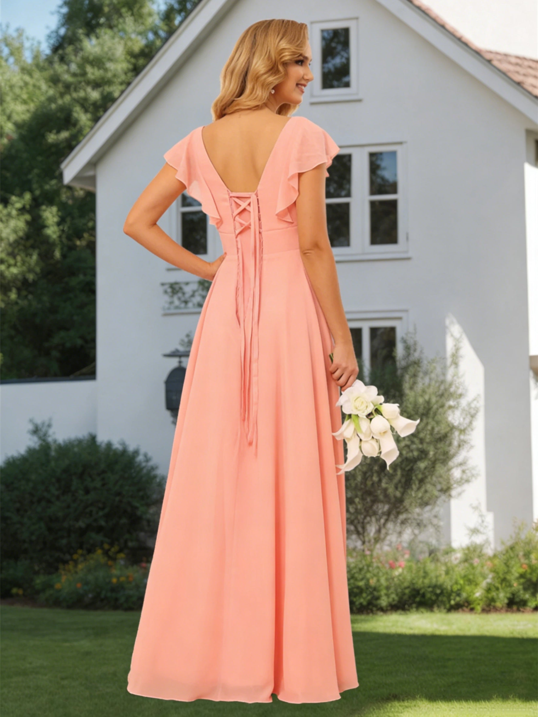 A-Line/Princess  V Neck Short Sleeve Floor Length  Bridesmaid Dresses With  Ruffled Split