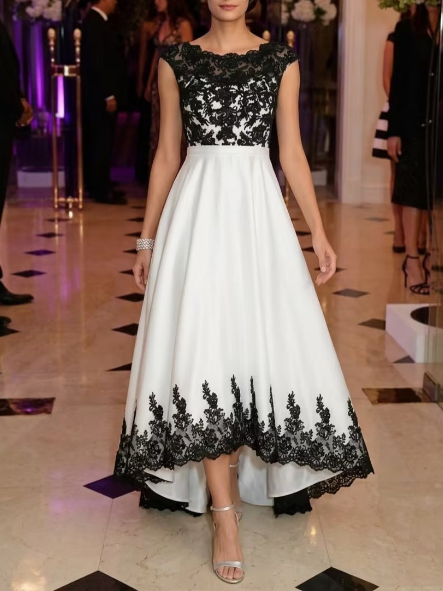 A-Line/Princess Boat Neck Satin Cocktail Dresses Sleeveless Lace Asymmetrical Tea-Length Formal Dresses