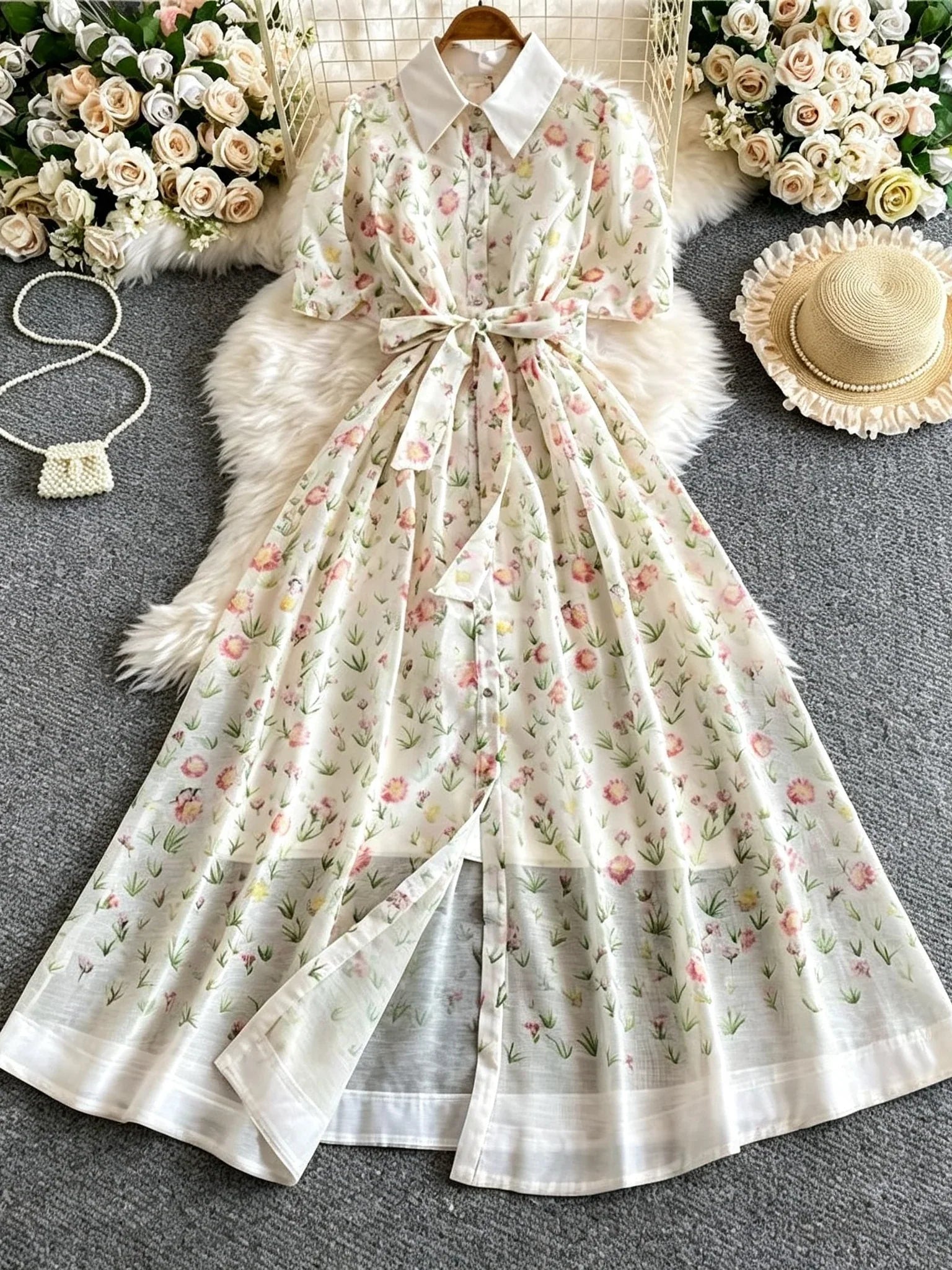 A-Line/Princess  Floral Shirt Collar Wedding Guest Dresses Tea-Length Short Sleeves with Belt