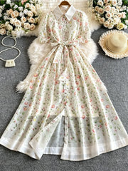A-Line/Princess  Floral Shirt Collar Wedding Guest Dresses Tea-Length Short Sleeves with Belt