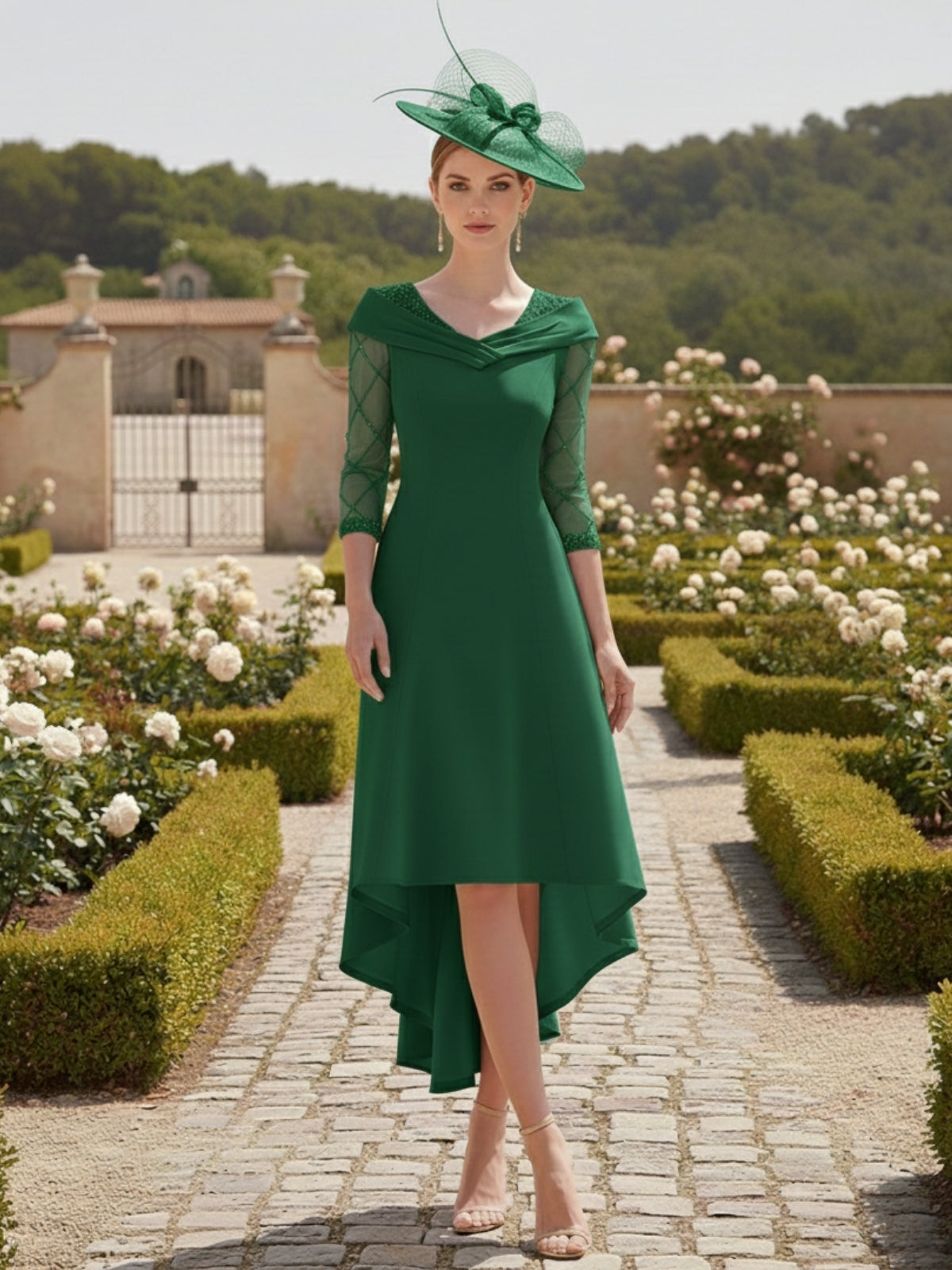 A-Line/Princess 3/4 Sleeves Knee-Length Asymmetrical Mother of the Bride Dresses with Beadings