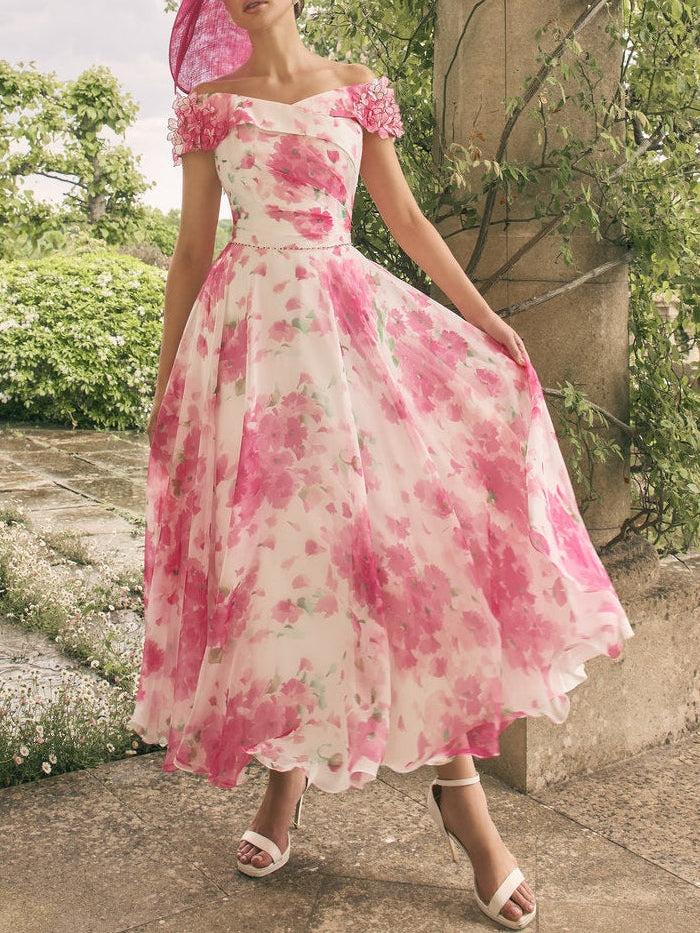 A Line/Princess Off-the-Shoulder Short Sleeves Tea-Length Printed Flower Mother of the Bride Dress