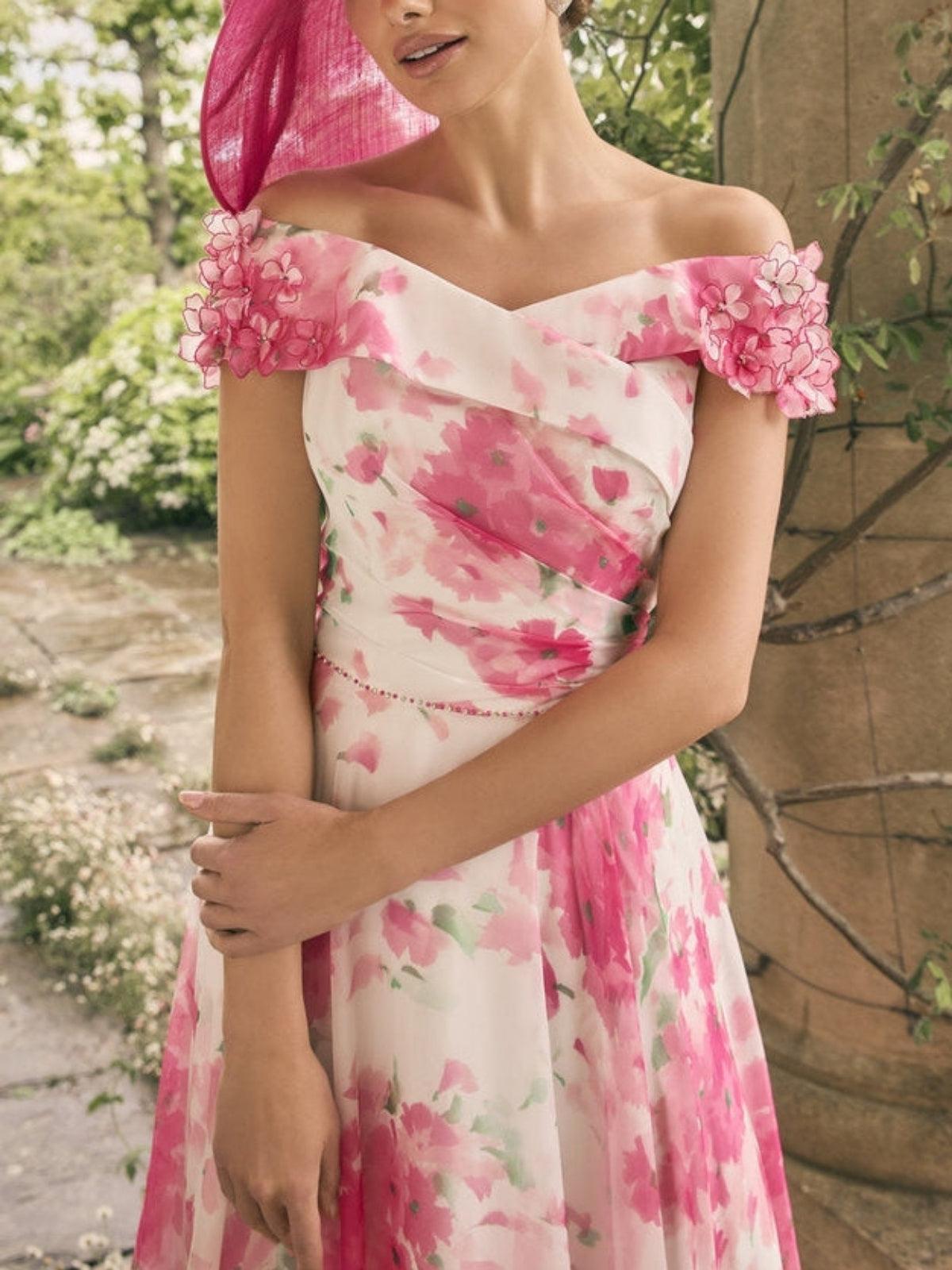 A Line/Princess Off-the-Shoulder Short Sleeves Tea-Length Printed Flower Mother of the Bride Dress