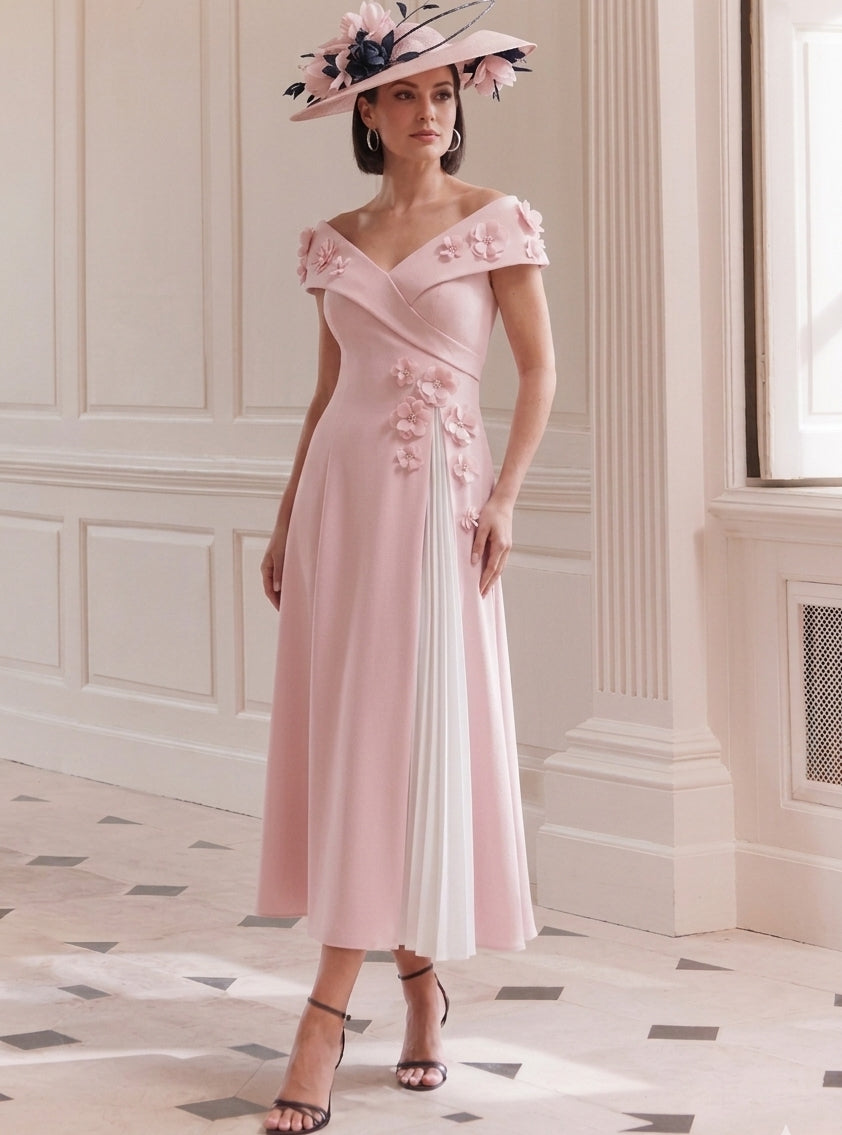 A Line/Princess Off-the-Shoulder Tea-Length Mother of the Bride Dresses with 3D Flower&Pleats