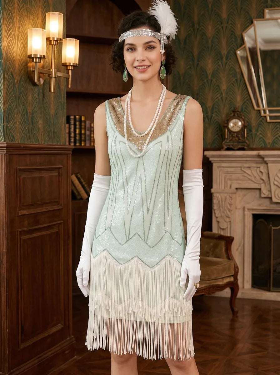 1920s Sheath/Column V-Neck Vintage Tassels Costume Party Dresses Knee-Length Dresses