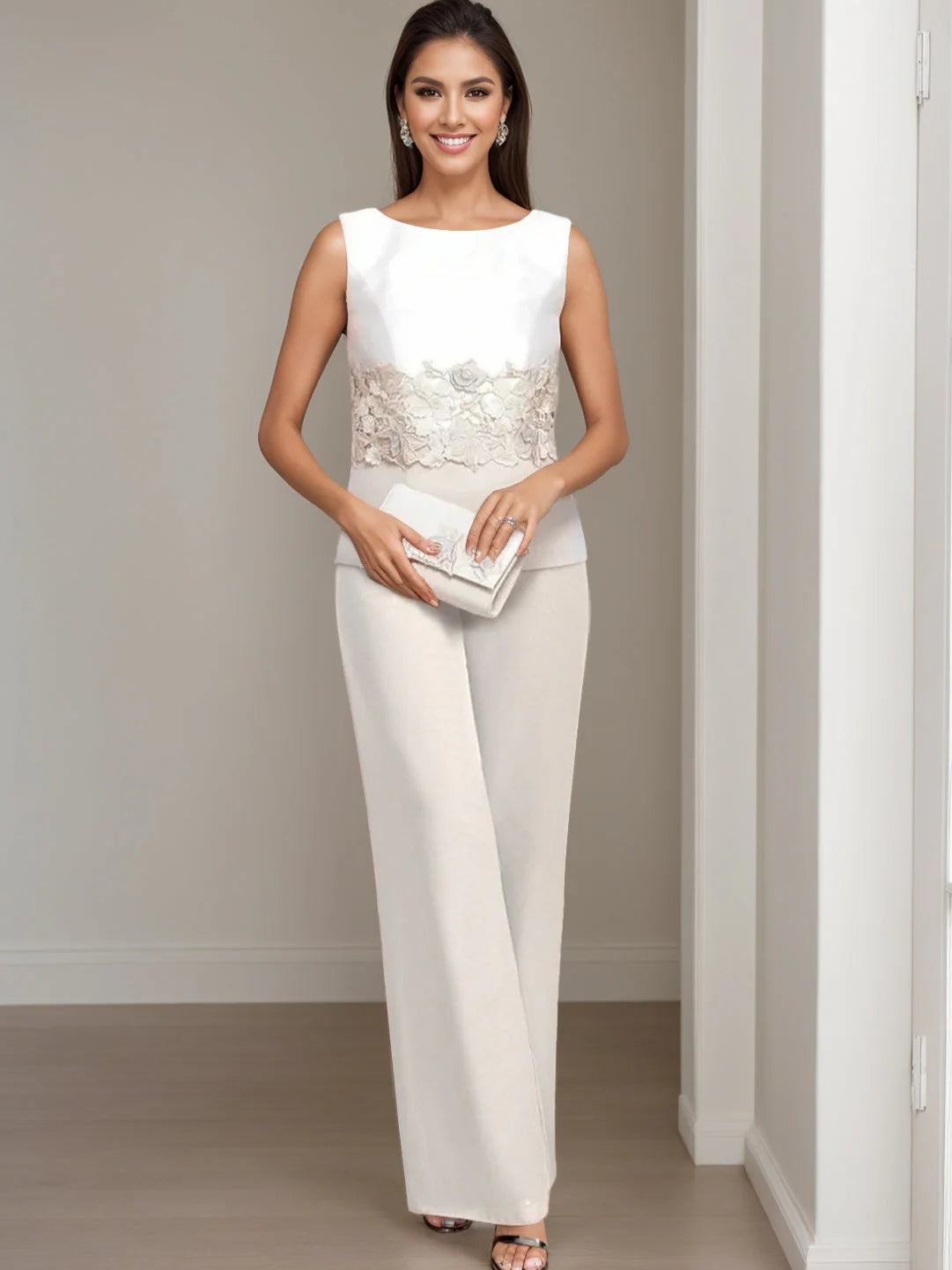 3 Pieces Square-Neck Ankle Length Mother of the Bride Pantsuits with Jacket & Appliques Lace