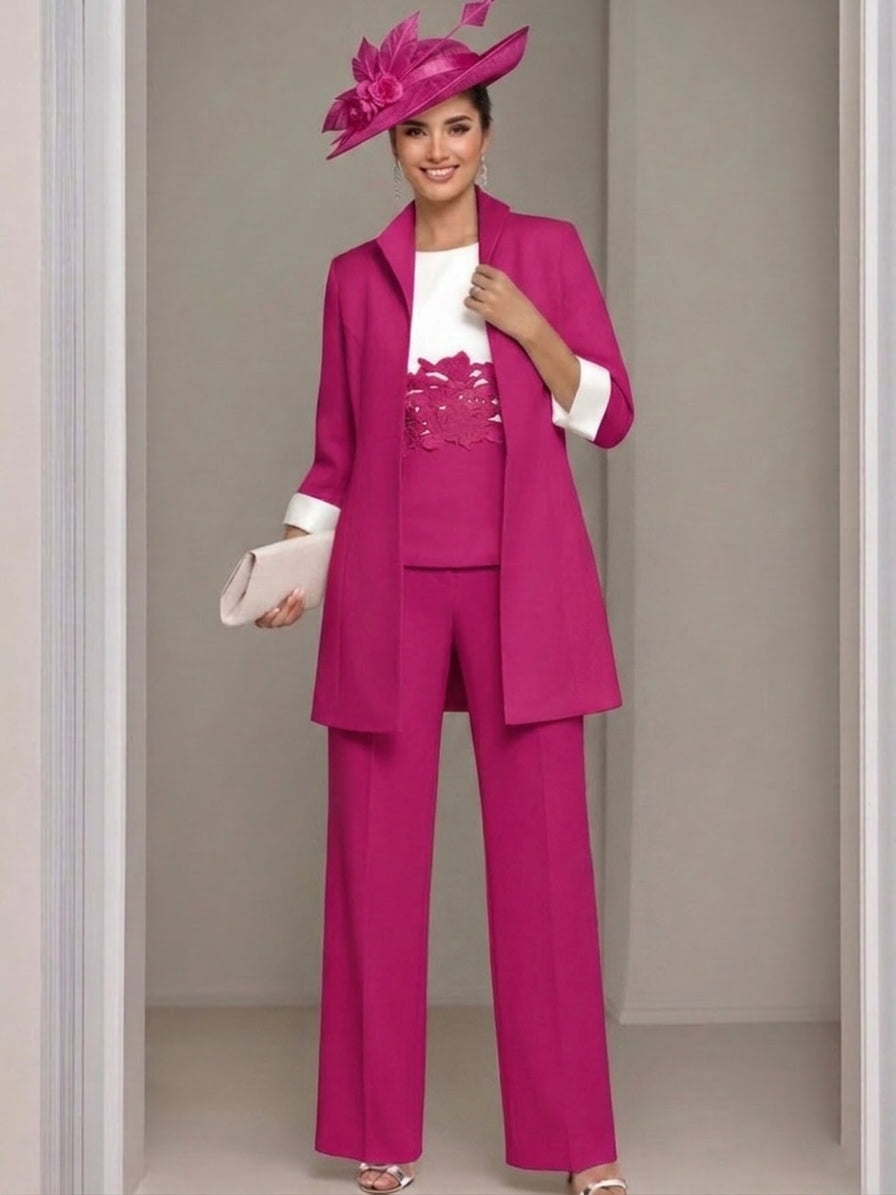 3 Pieces Square-Neck Ankle Length Mother of the Bride Pantsuits with Jacket & Appliques Lace